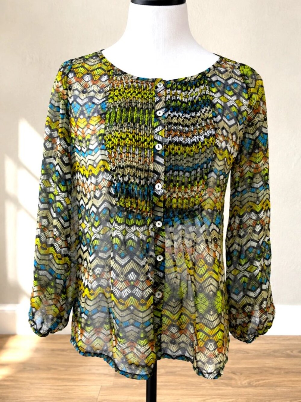 Greylin Anthropologie Sheer Silk Blouse Size M NWT Geometric Pintuck Long Sleeve